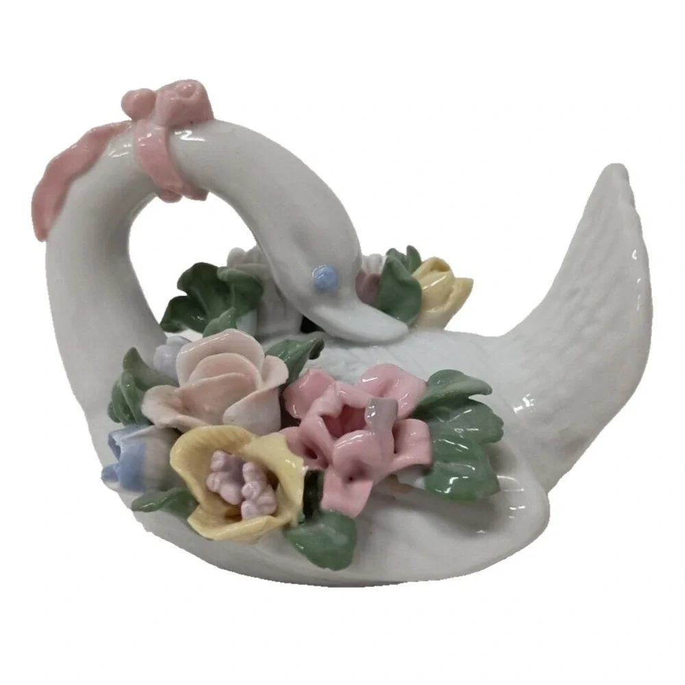 Vintage Swan Figurine With 3D Floral Design Porcelain Cottagecore Country Decor